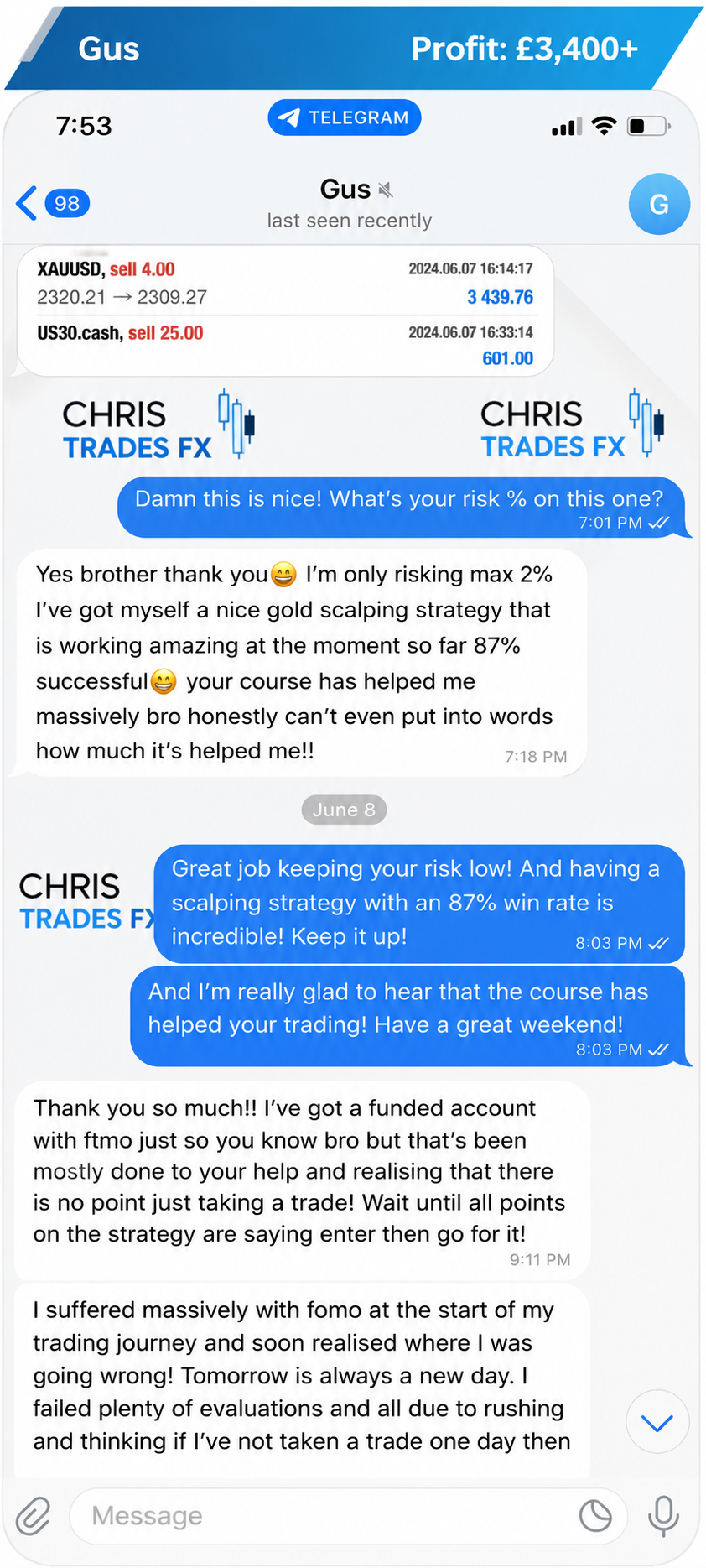 Trading result shared by Gus